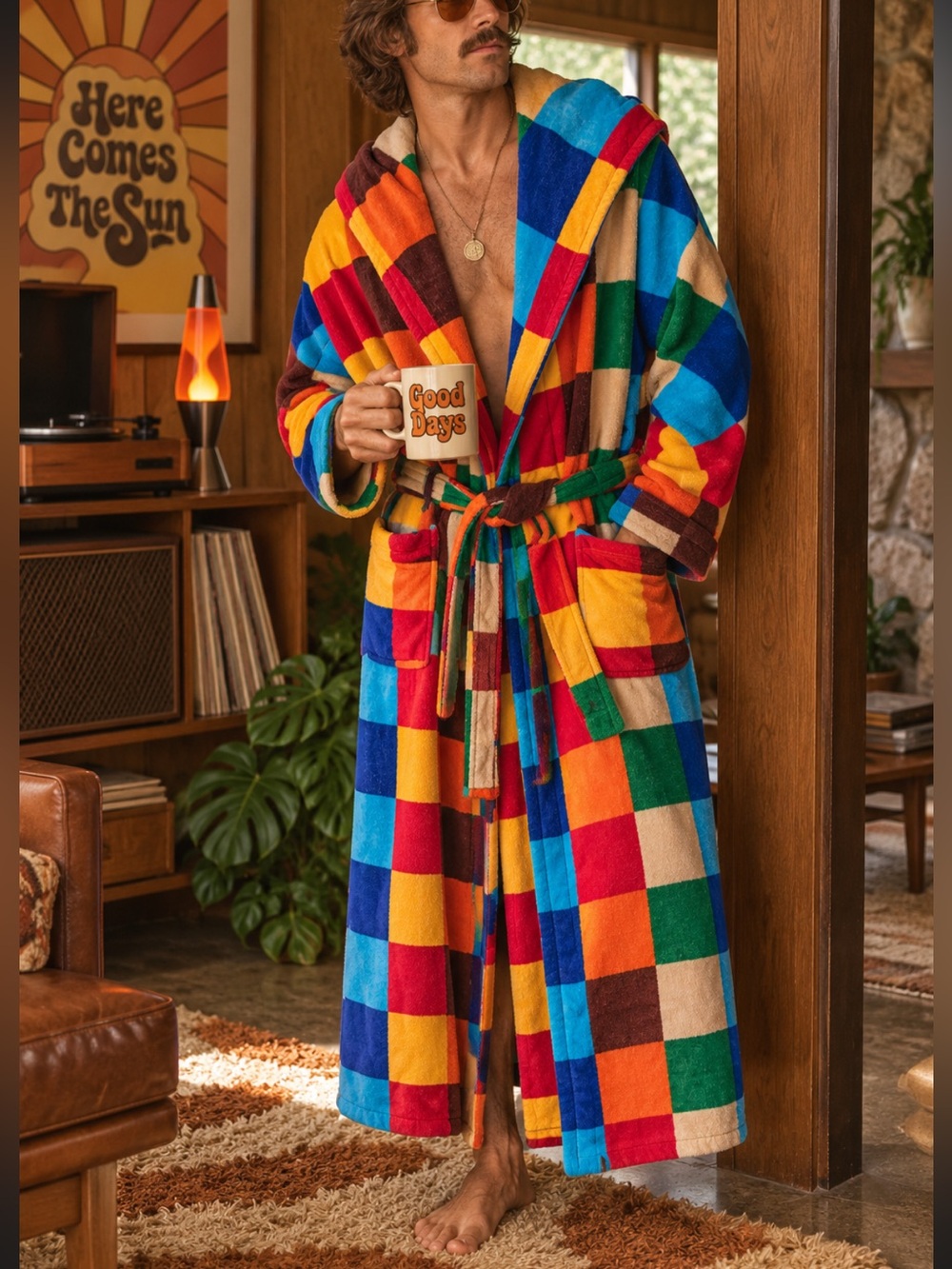 State O Maine Vintage 70’s Retro Art Deco Multicolor Check Plush Hooded Robe